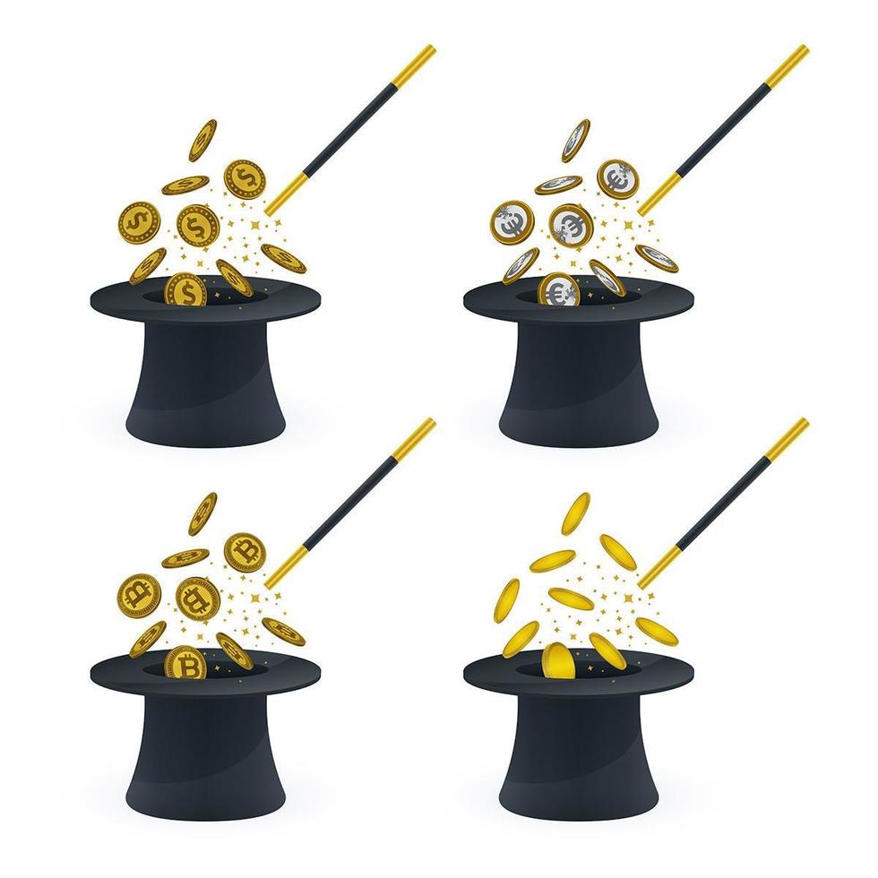 Coins, magic wand, hat and magic stars set vector