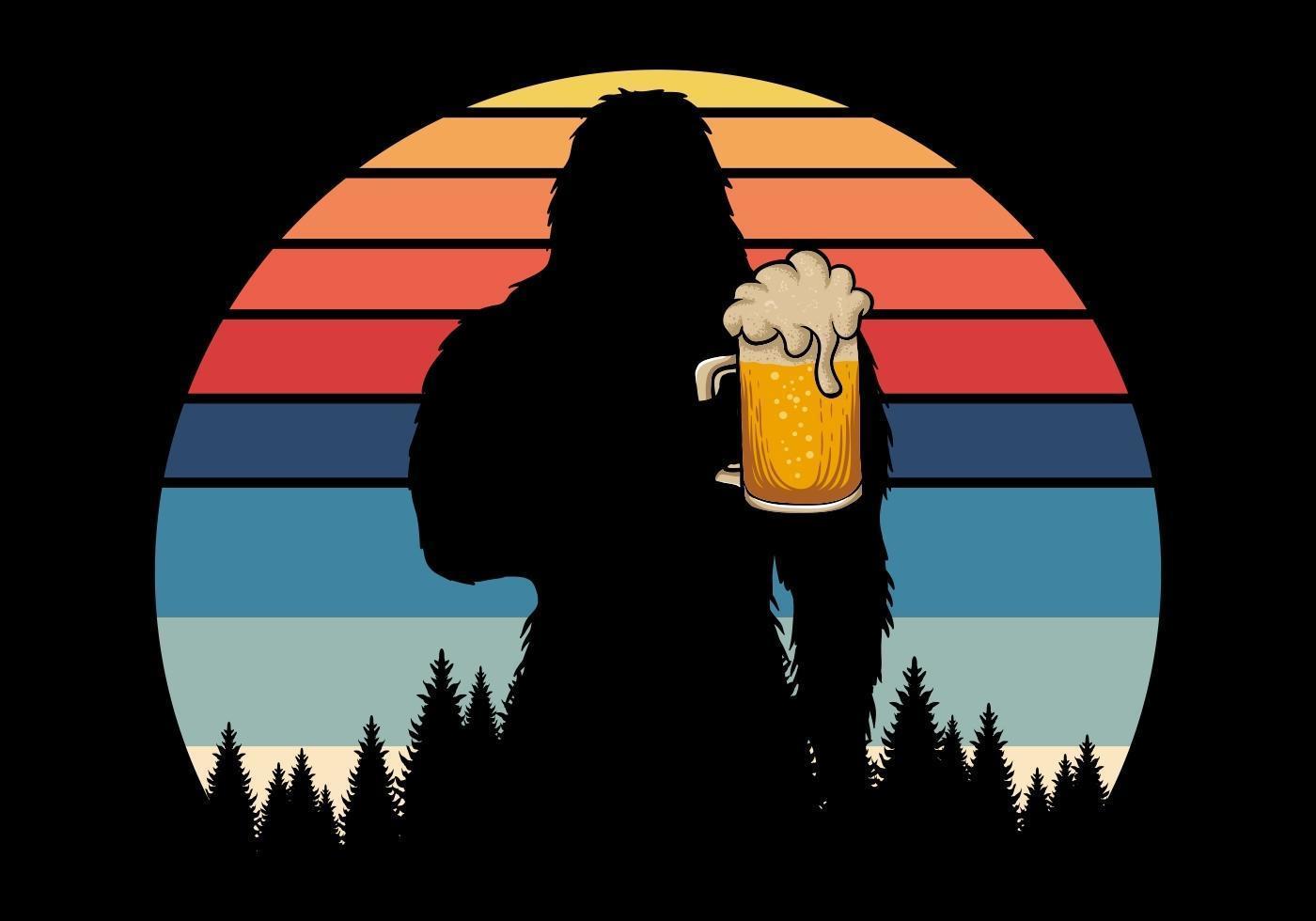 Bigfoot silhouette holding beer retro vector illustration