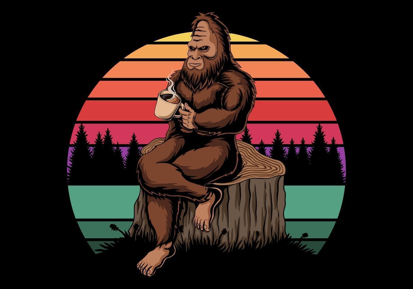 Bigfoot relaxing with coffee near sunset retro vector illustration