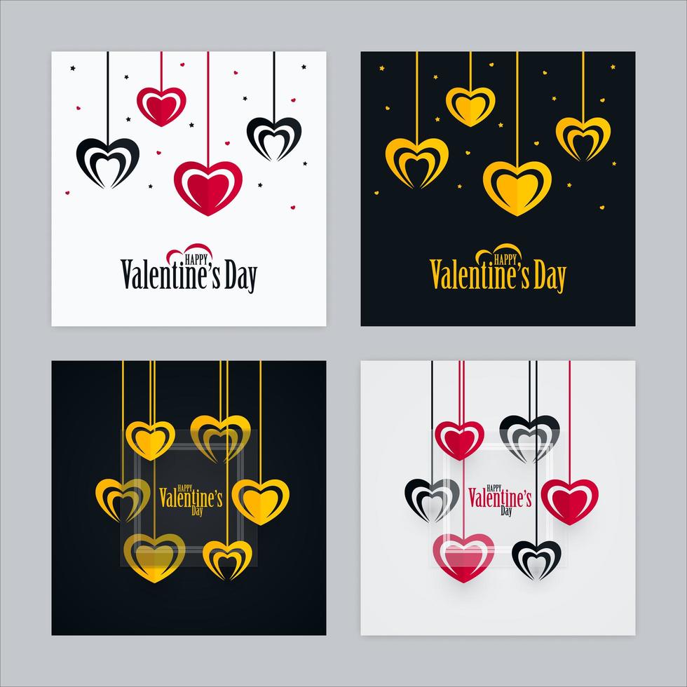 Tarjetas de San Valentín con forma de corazón y juego de vidrio transparente. vector