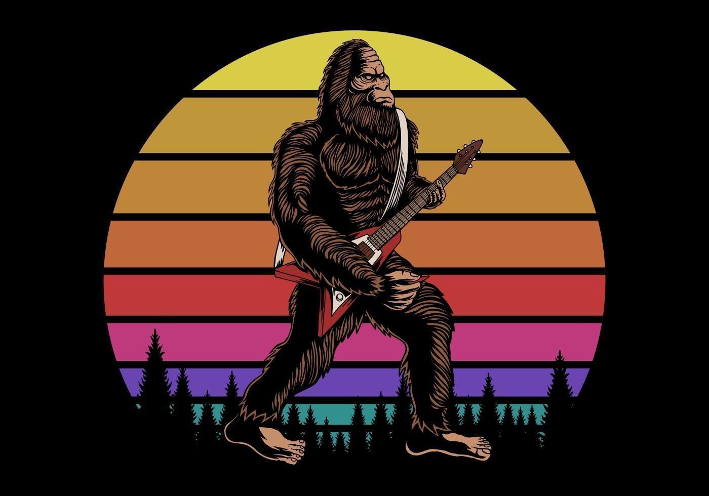 Bigfoot playing guitar near sunset retro vector illustration