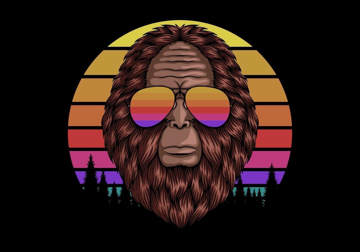 Bigfoot head with sunglasses sunset retro vector illustration