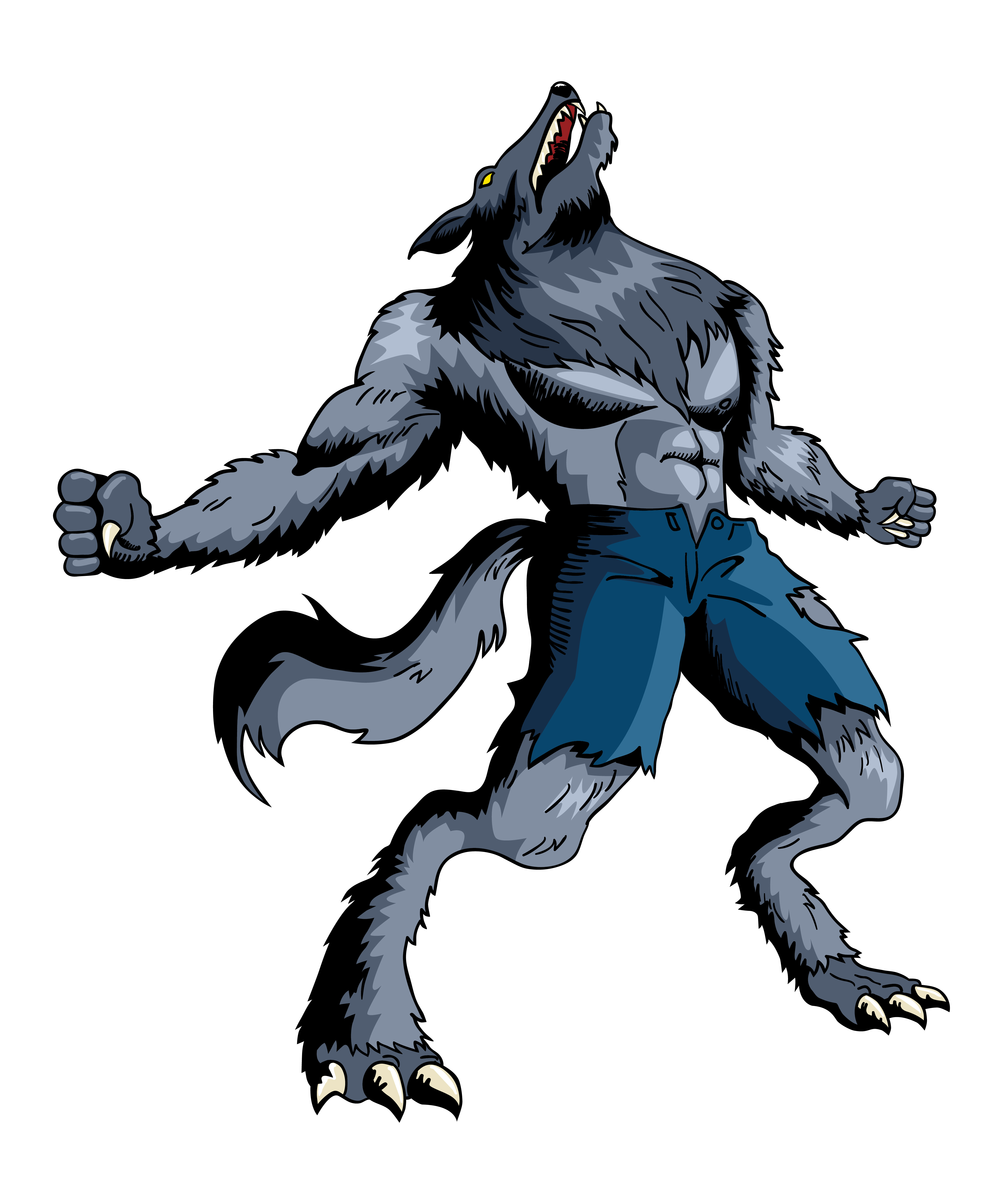 Cartoon illustration of a howling werewolf.