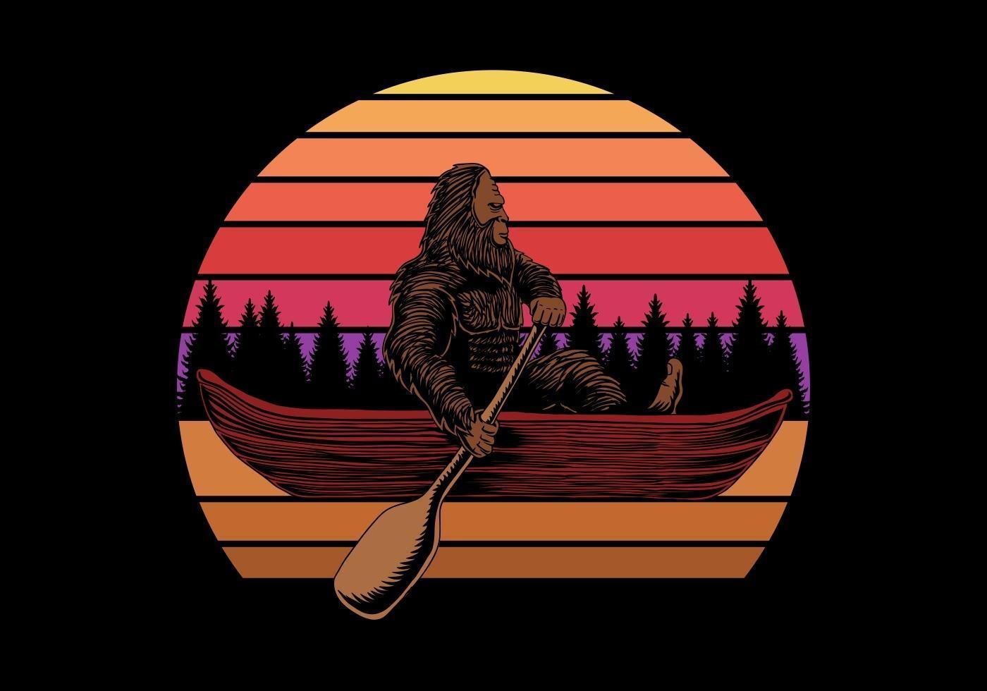 Bigfoot in canoe near sunset retro vector illustration 1851147 Vector
