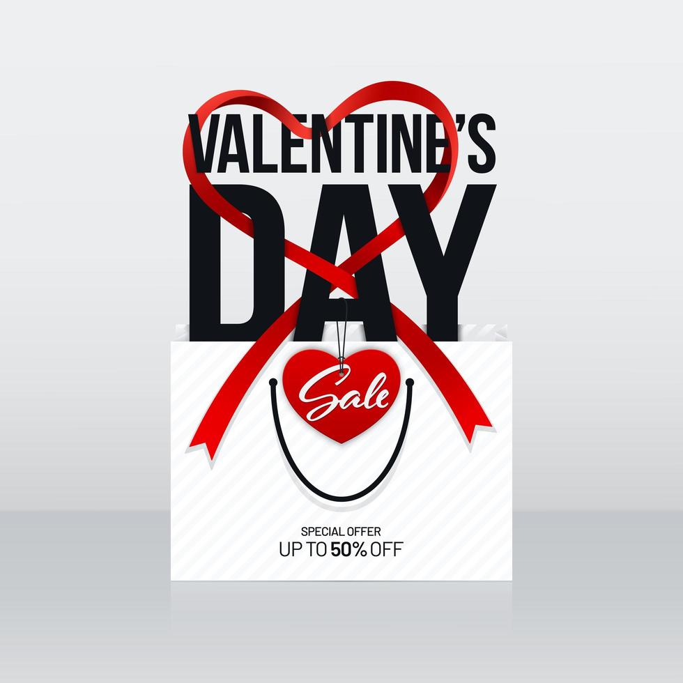 Valentines Day Sale Poster with Bag and Heart Shape Ribbon vector