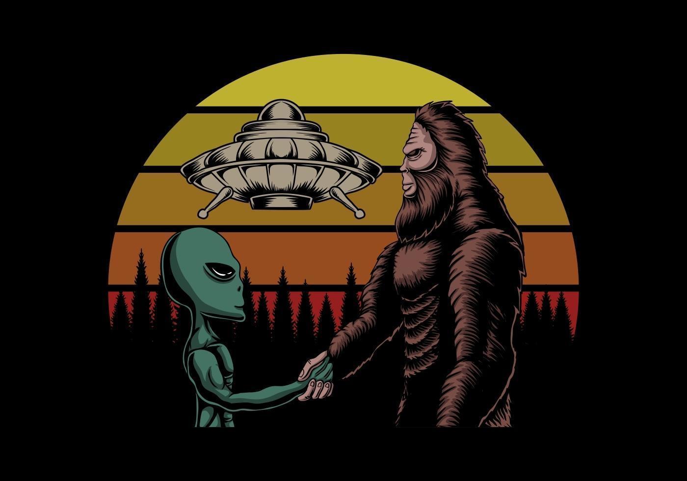 Bigfoot and alien conspiracy at sunset retro vector illustration