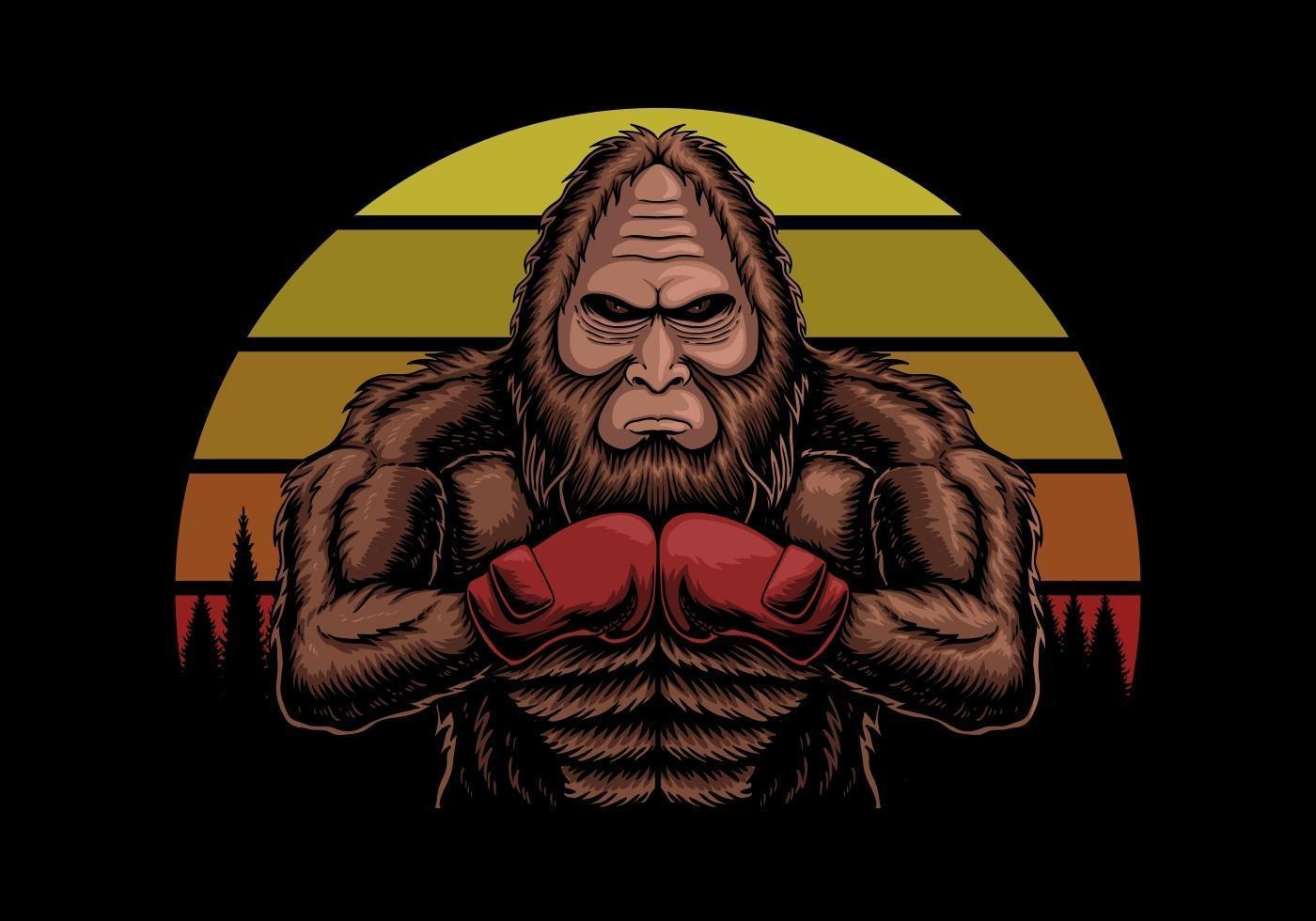 Bigfoot con guantes de boxeo al atardecer retro ilustración vectorial vector