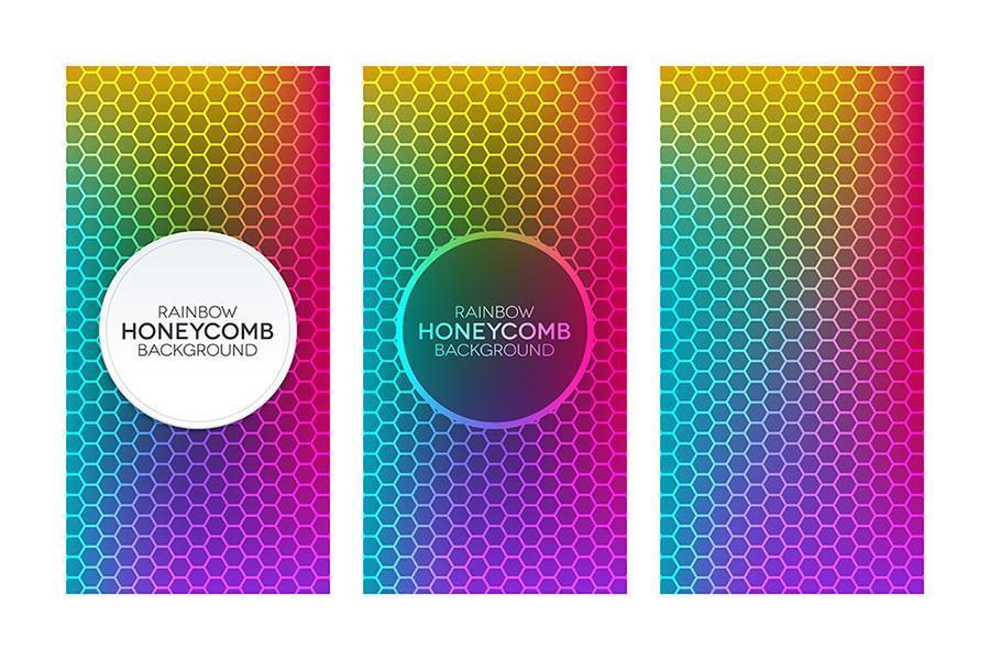 Rainbow gradient banners with honeycomb textures set vector