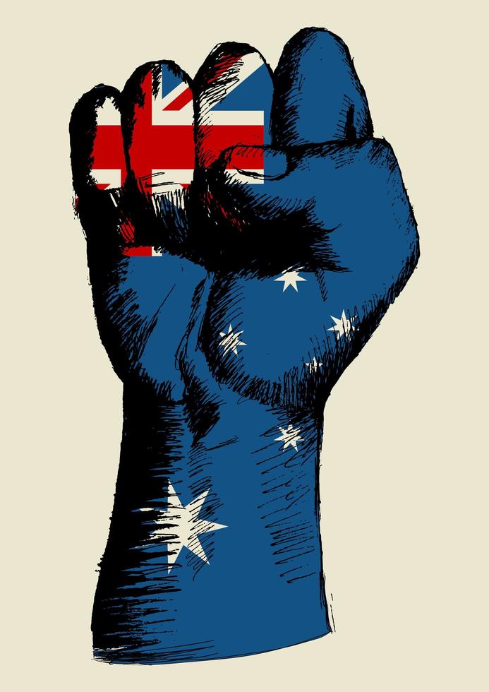 espíritu de una nación, bandera australiana con dibujo de puño arriba vector