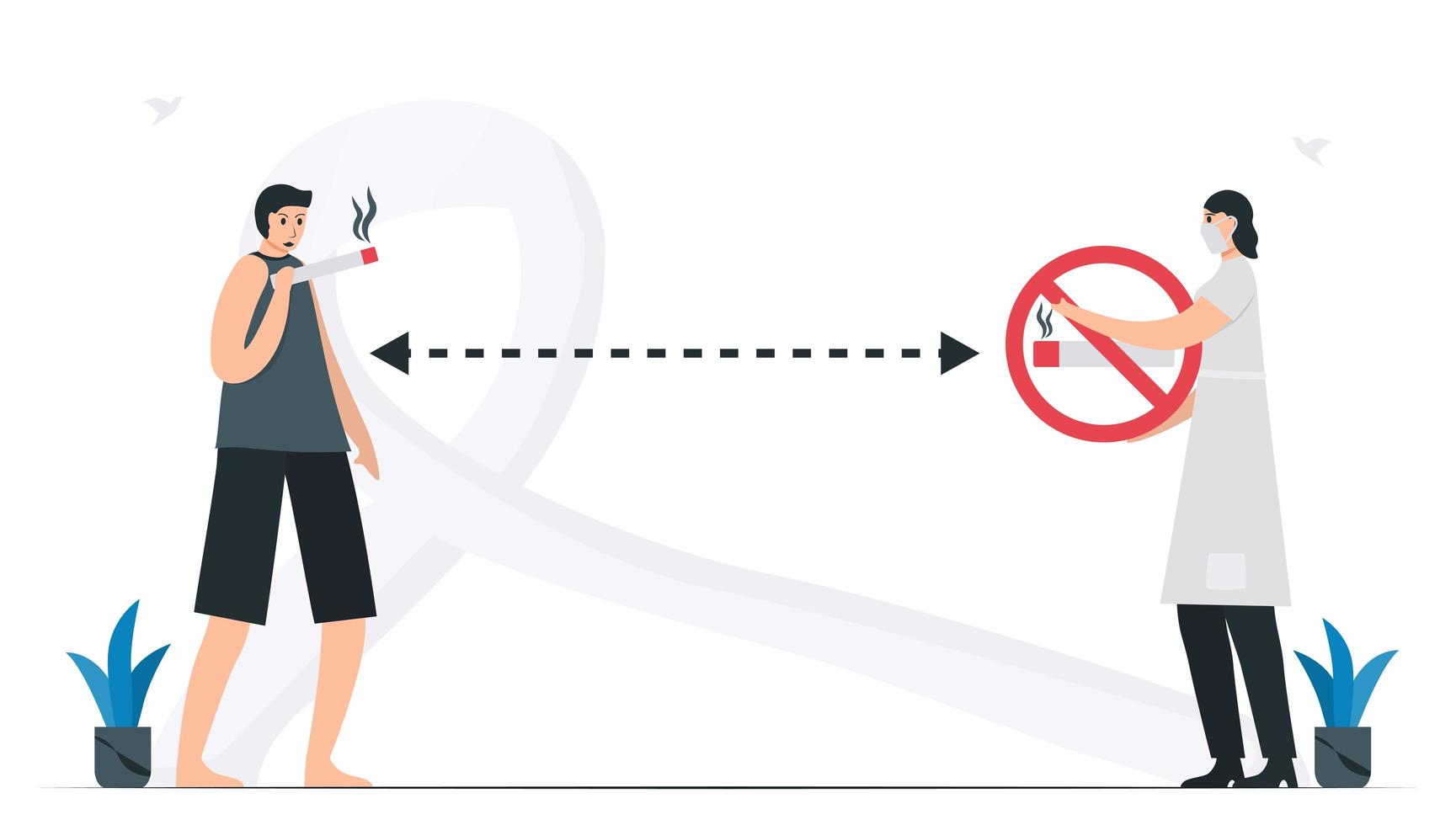 Woman keeps distance from person that smokes. Knowledge about Lung cancer awareness month, November. Flat vector illustration isolated on white background.