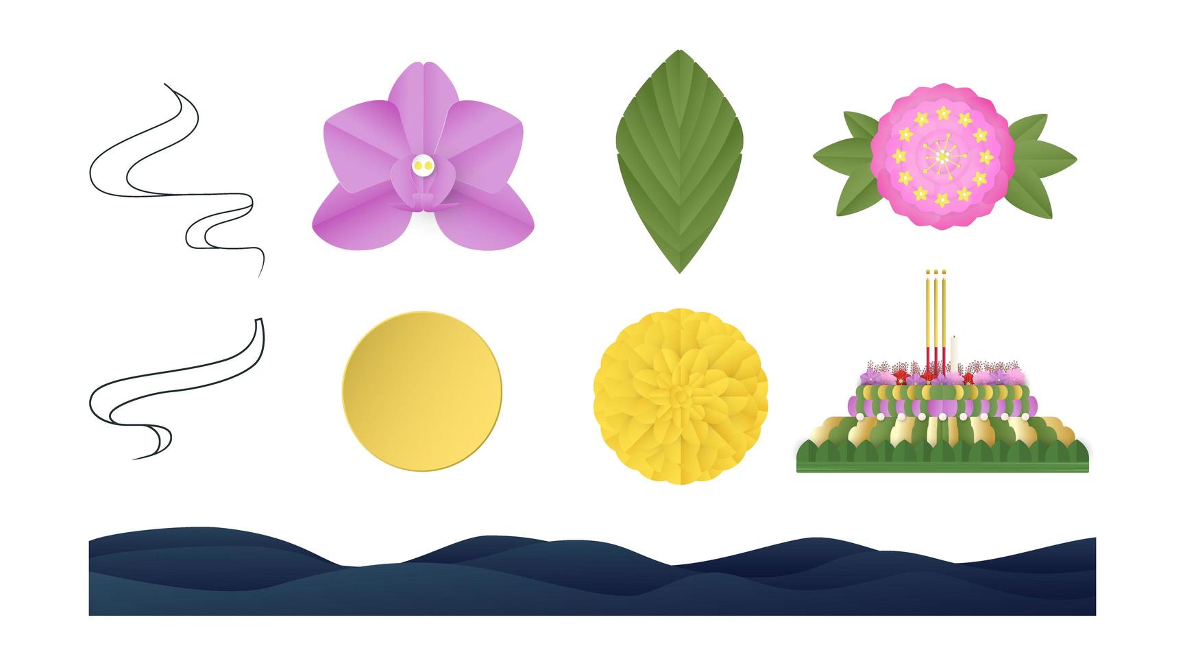 Elememts is designed for Loy Krathong festival. Vector illustration designs in minimal style for template, cover, invitation, card. Paper crafts for kids also.