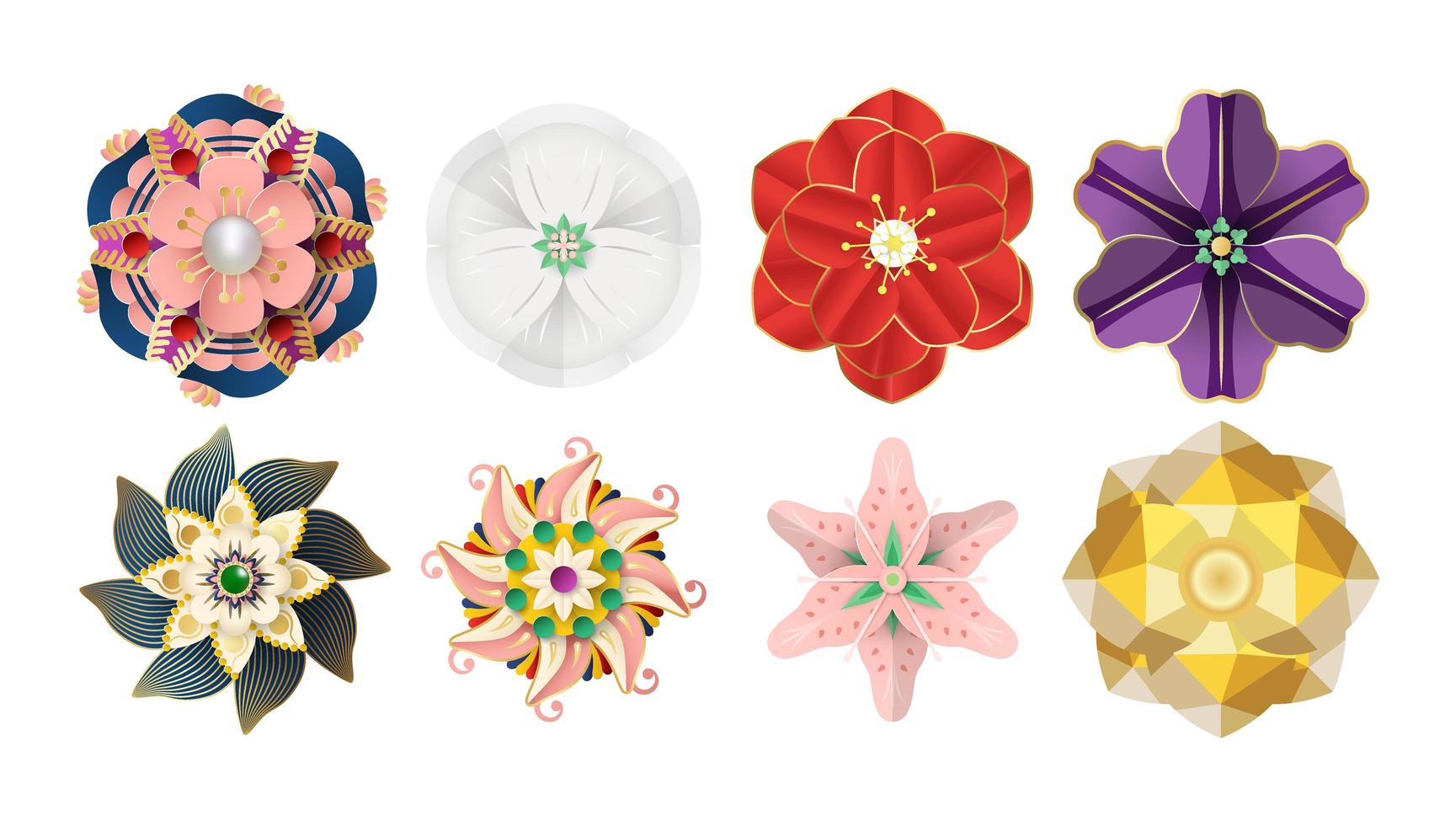 Paper cut origami flowers elements for decorations. vector