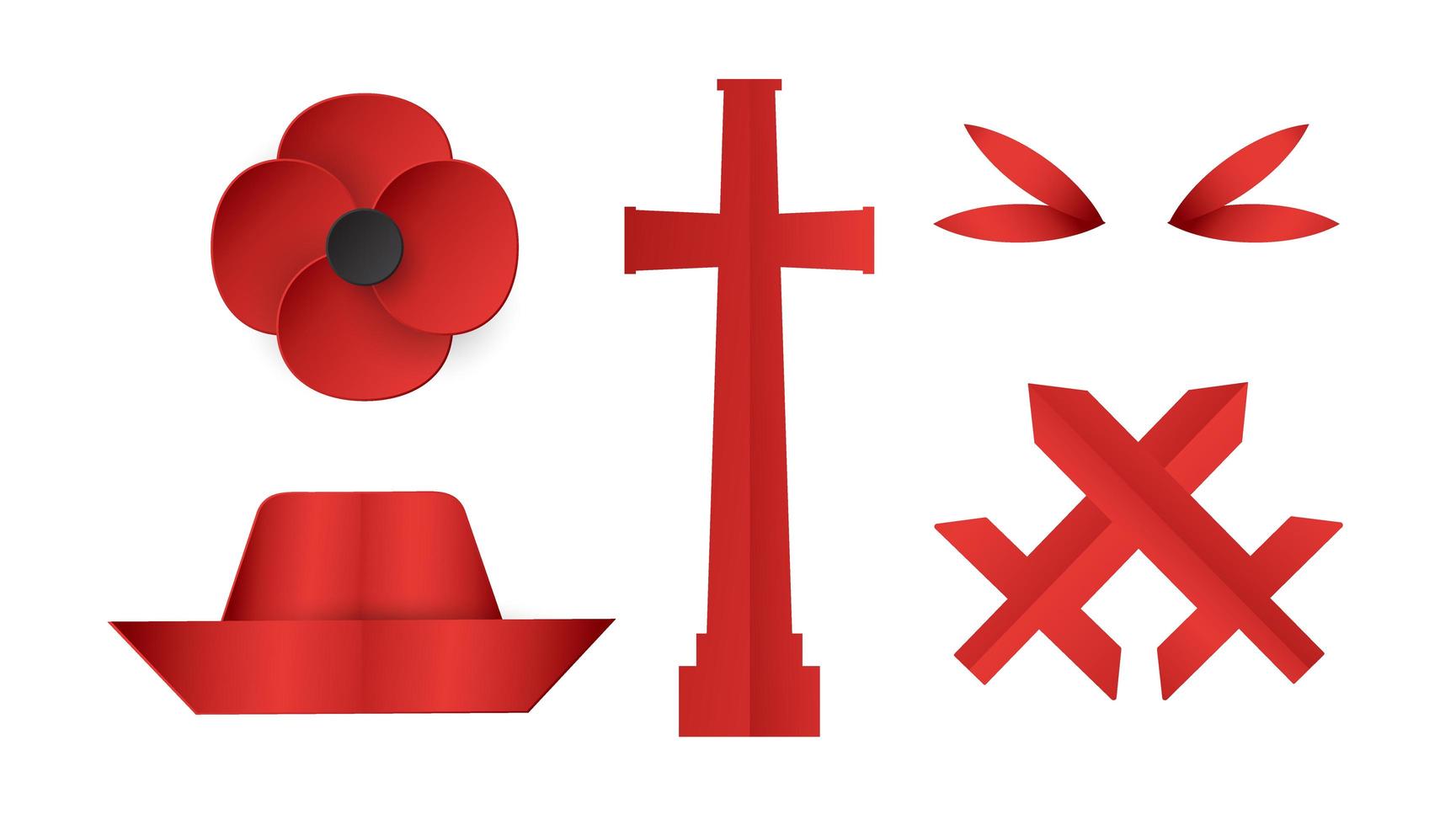 Decoration items for Anzac Day. Vector illustration in paper cut, craft style.