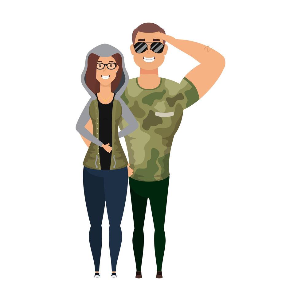 young military man with woman characters vector