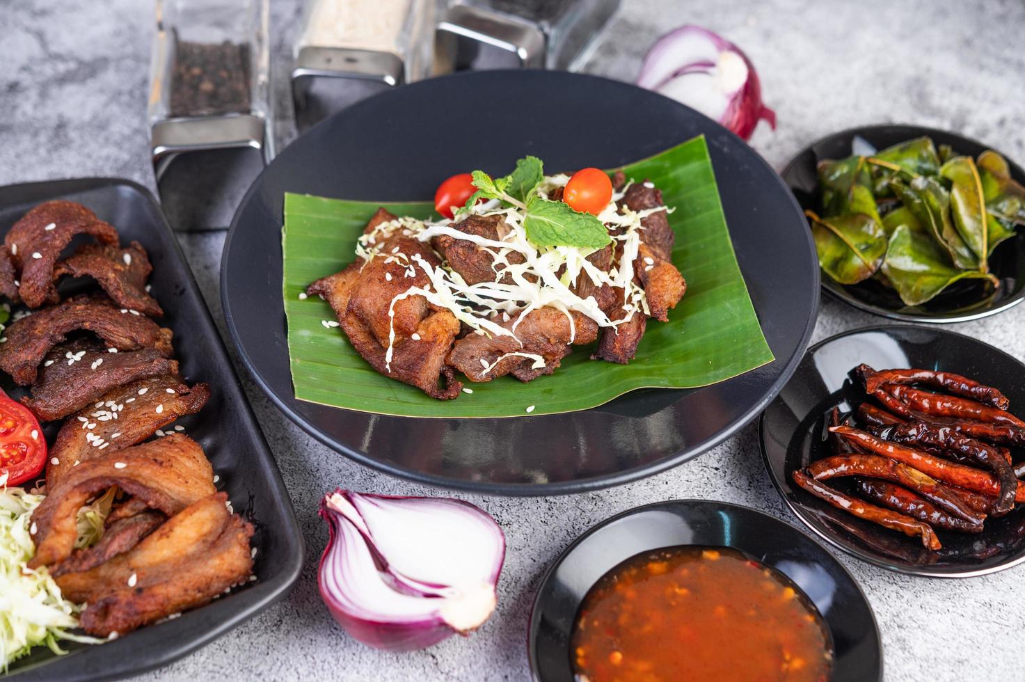 Fried pork topped with sesame seeds photo