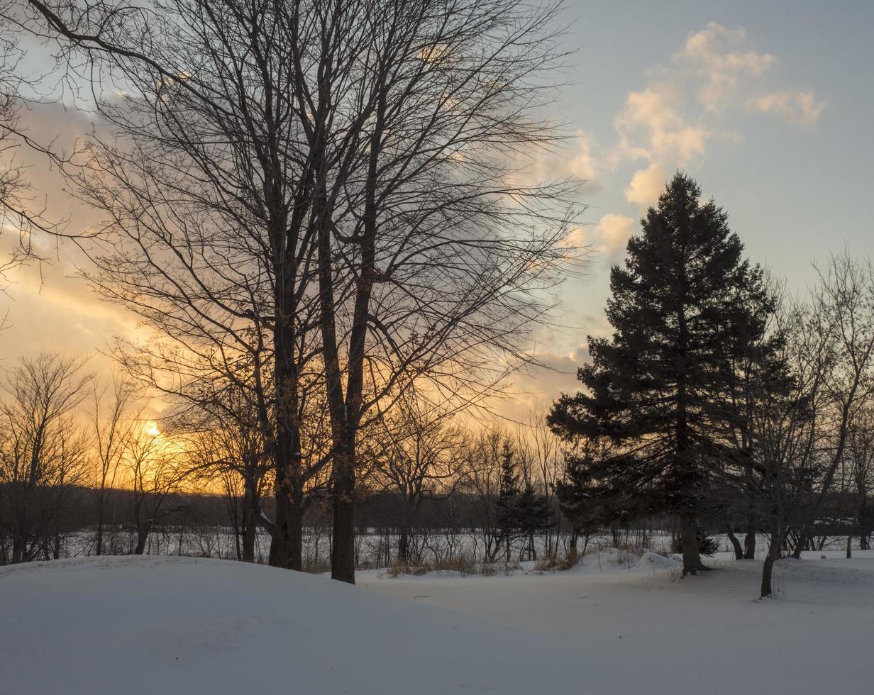 puesta de sol en un paisaje de invierno foto