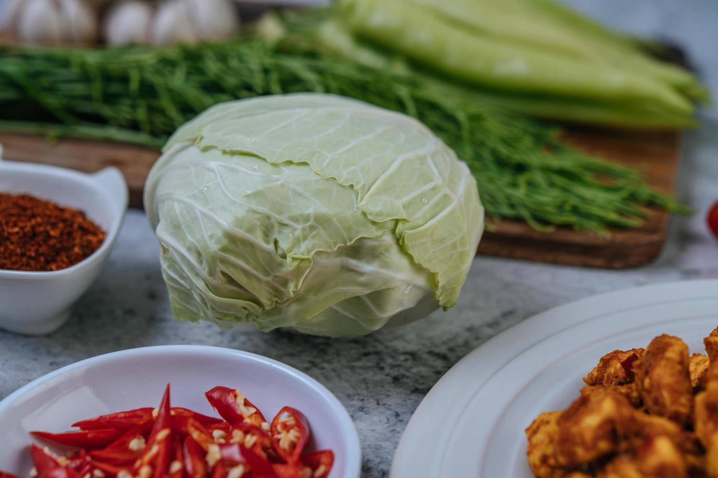 Collard cabbage, chili, and cha-om photo