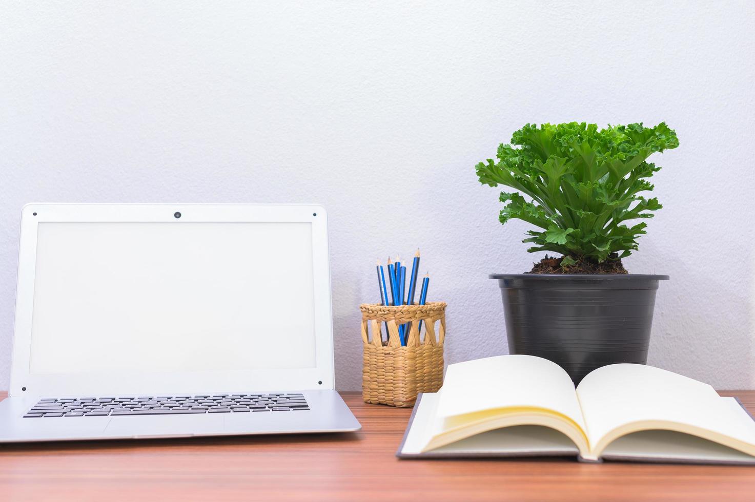 computadora portátil y flor en el escritorio foto