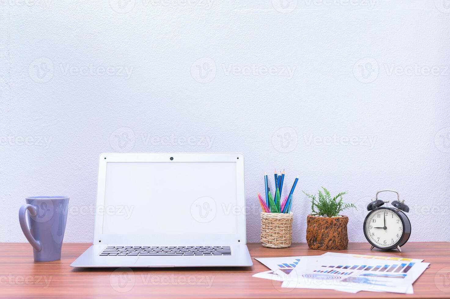 A laptop sitting on a desk with a coffee cup and a plant photo