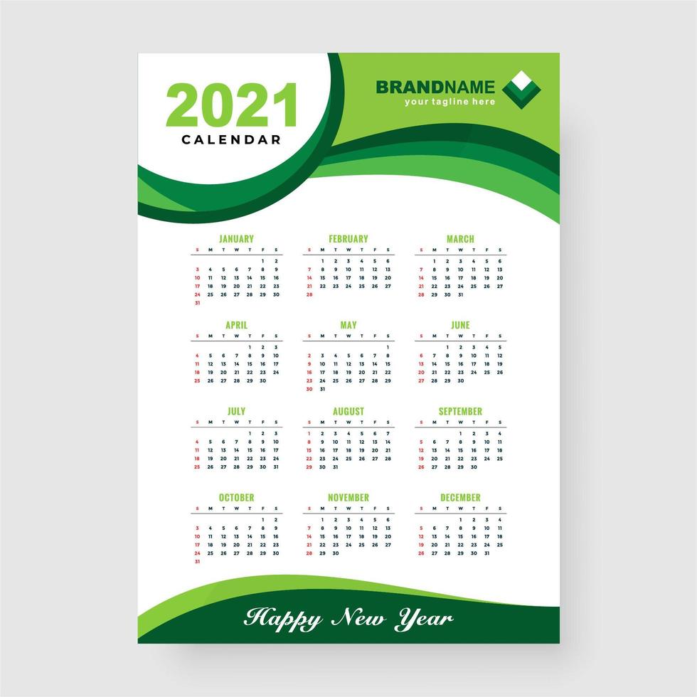 Green 2021 calendar design vector
