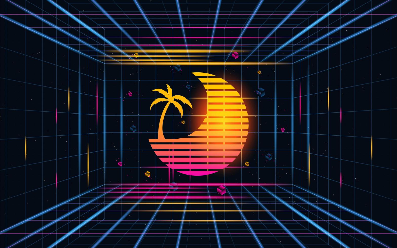 Futuristic grid sunset with coconut tree. Future theme concept background. vector