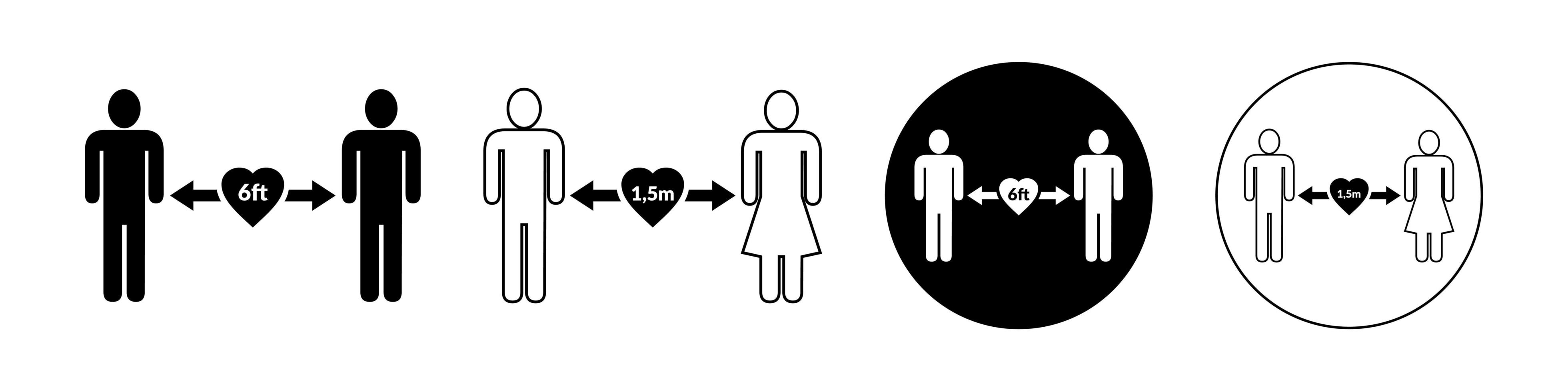 Social distancing set of icons. Simple man or woman black and white silhouettes with arrow distance between. Can be used during coronavirus covid-19 outbreak prevention. vector