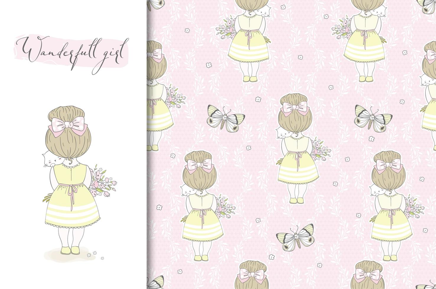 Cute little girl rear view with cat on hands card and seamless pattern. Spring style. Fabric Textile surface design vector