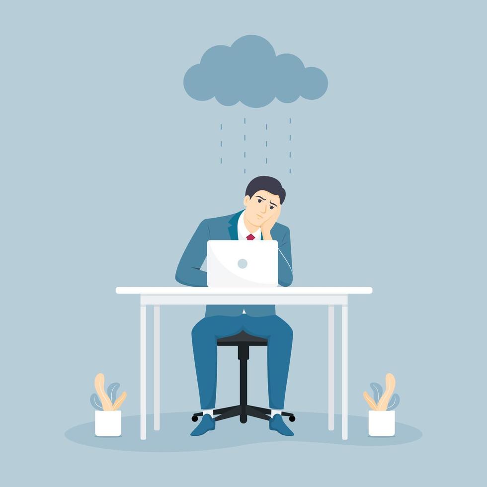 Depressed and tired businessman sitting at the desk in creative office. vector