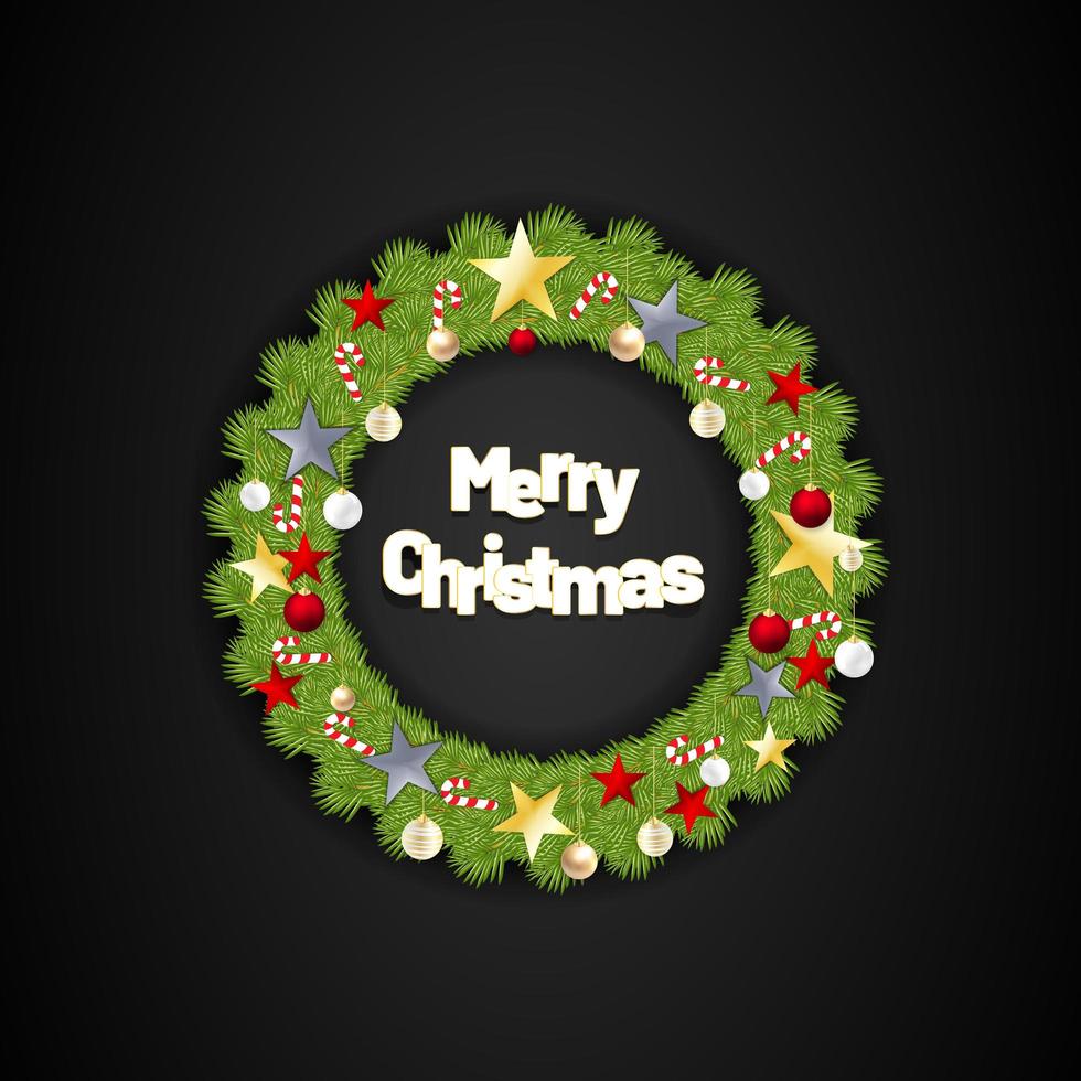 Merry Christmas round wreath with stars and candy. Vector illustration with black background