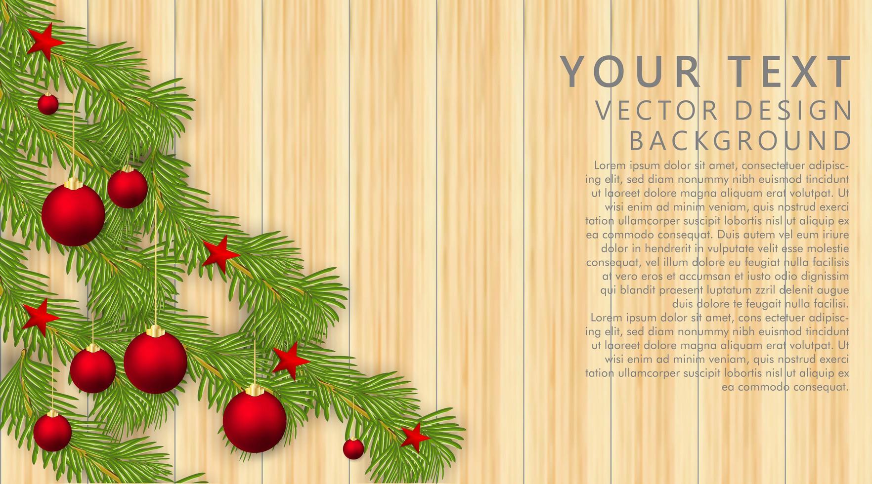 adornos de vector de feliz navidad con bolas rojas, dulces, estrellas y hojas. textura de madera de fondo. ilustración vectorial