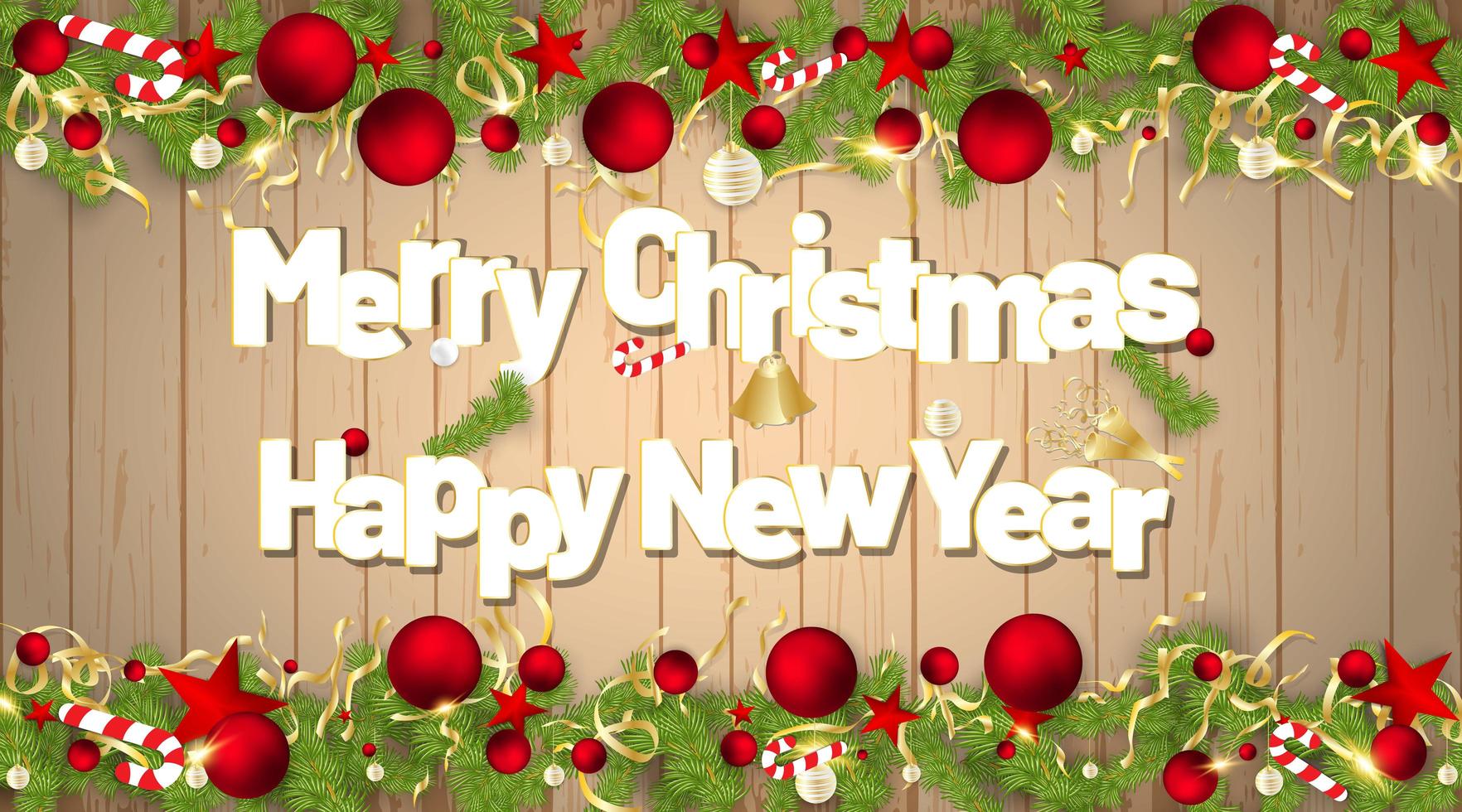 Vector of Merry Christmas and Happy New Year text with a background of wood texture