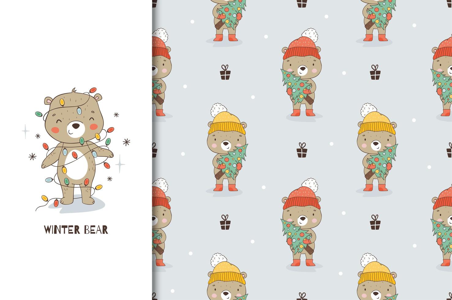 Cartoon teddy bear in Christmas decoration garlands. Card and seamless background pattern. vector