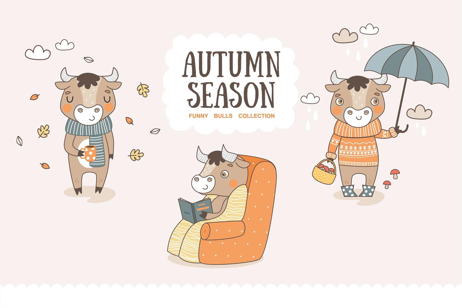 Cute cartoon bulls collection. Autumn season characters stickers. vector