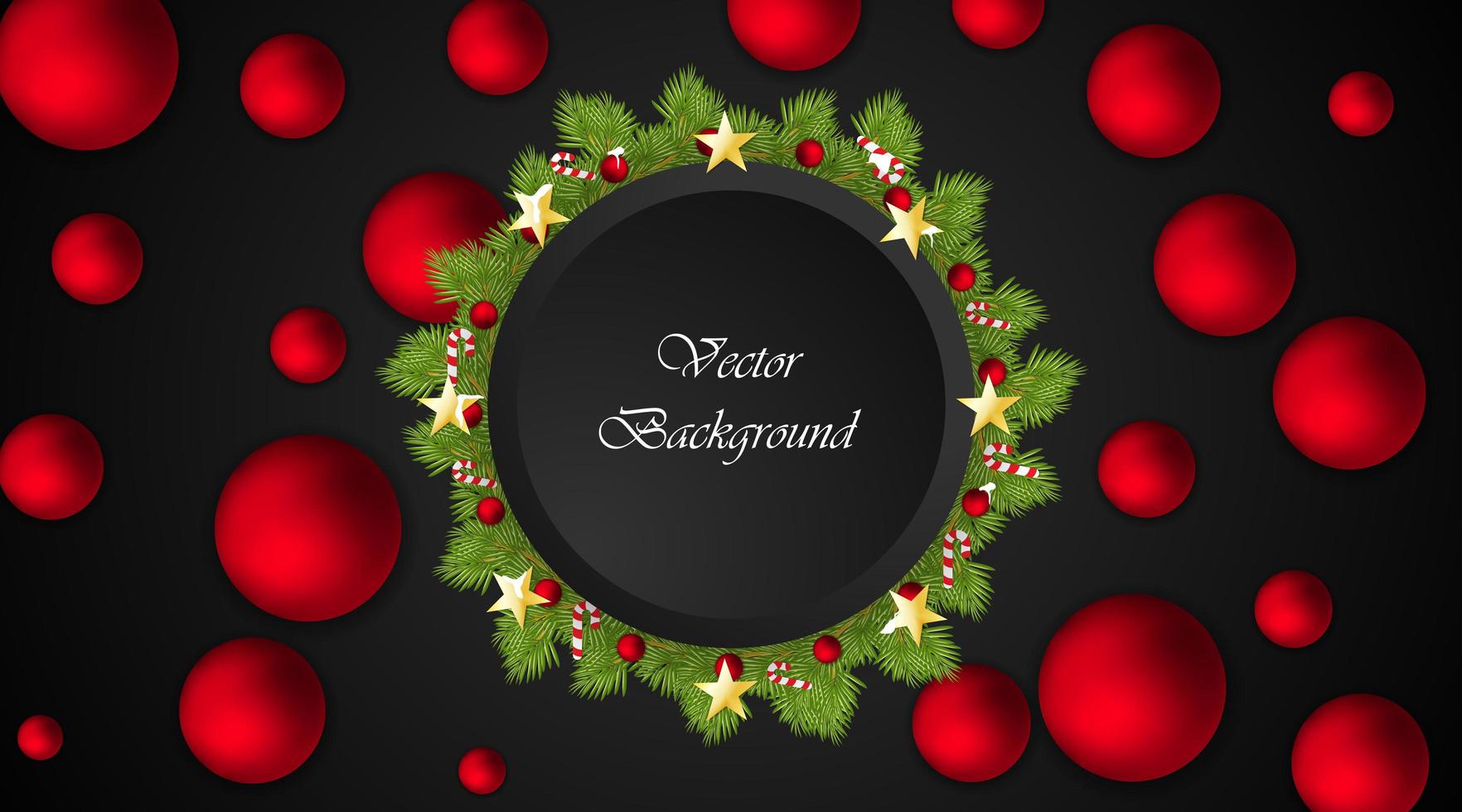 Christmas vector background. Black circle for text. Wreath with red balls, candies, stars.