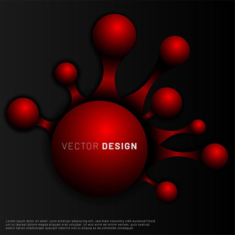 La bola roja 3d está interconectada sobre fondo negro. diseño de ilustración molecular vector