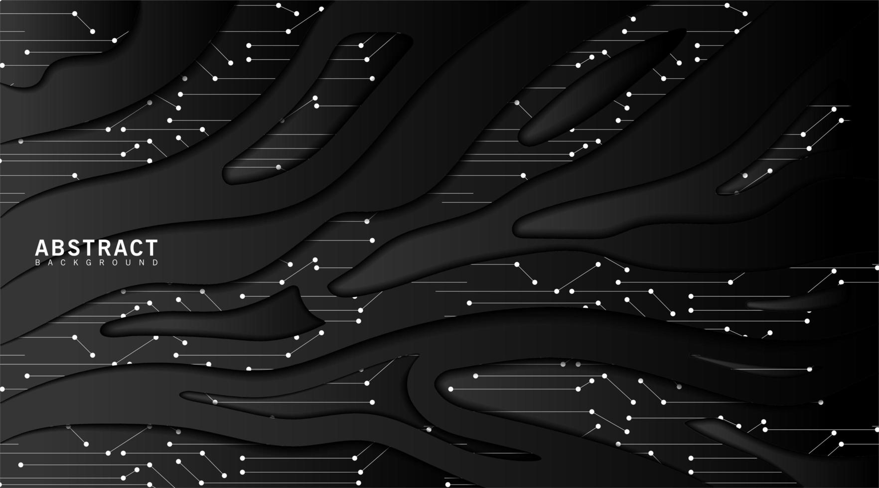 Black technology background. Decoration of realistic abstract textured paper pieces with wavy layers and dots and connecting lines. Vector illustration. Cover layout template.