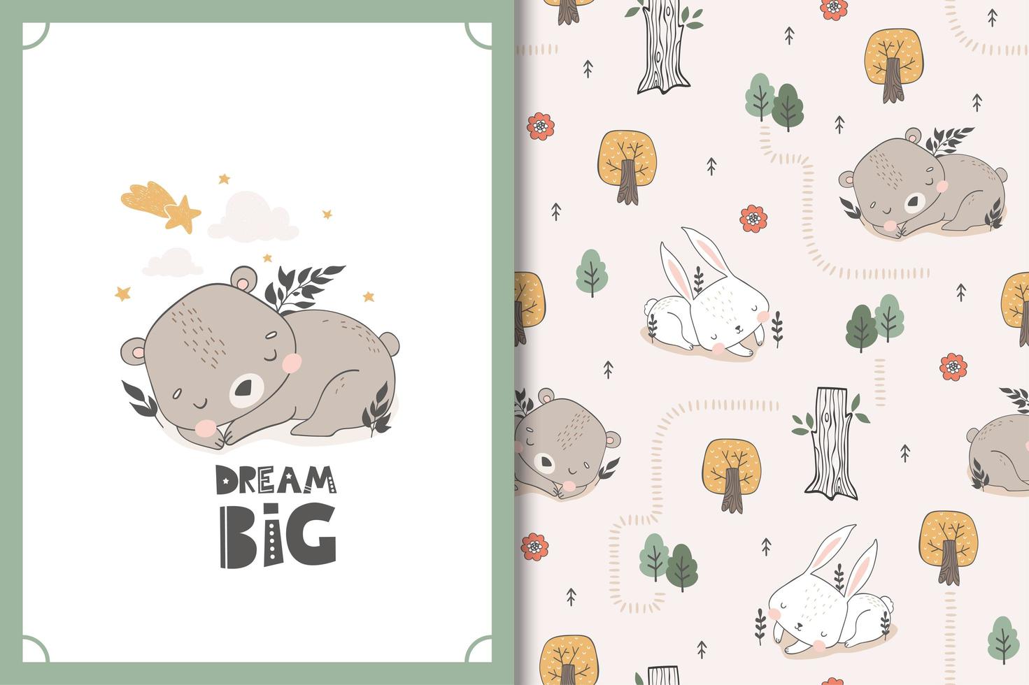 Sleeping bear and bunny baby animal characters. Cute cartoon doodle card and seamless background pattern set. vector