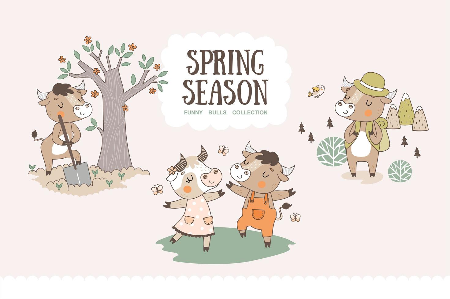 Cute cartoon bulls collection. Spring season characters stickers. vector