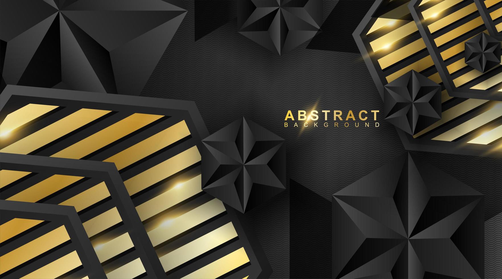 Abstract geometric background. 3D vector illustration. Triangle or black pyramid shape. Hexagons with a golden stripe pattern.