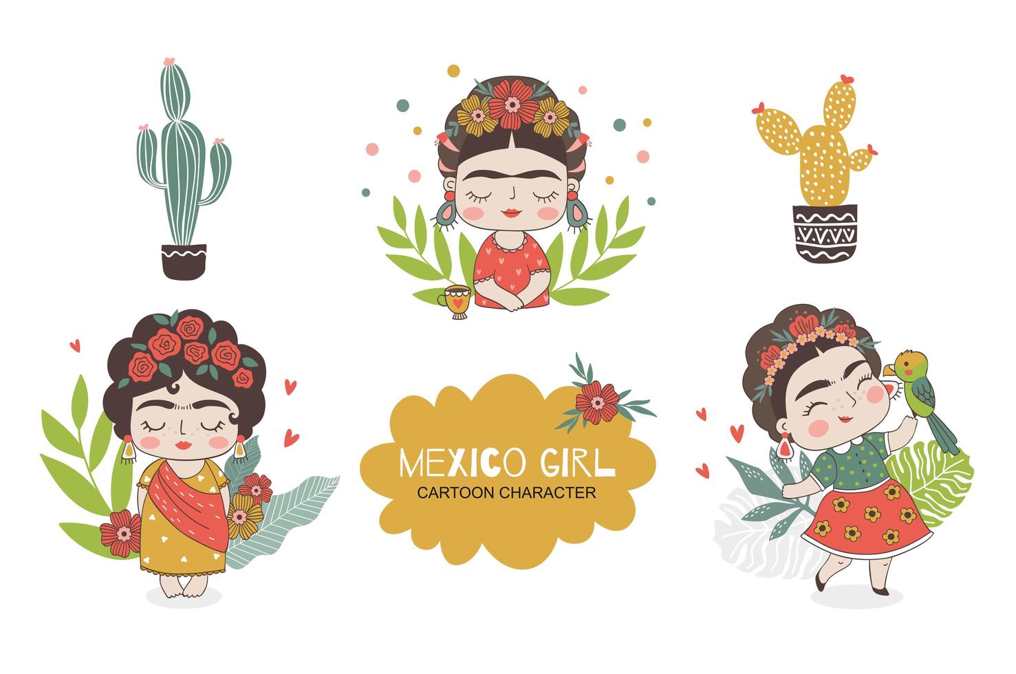 Colección de garabatos de personajes de niña mexicana. vector