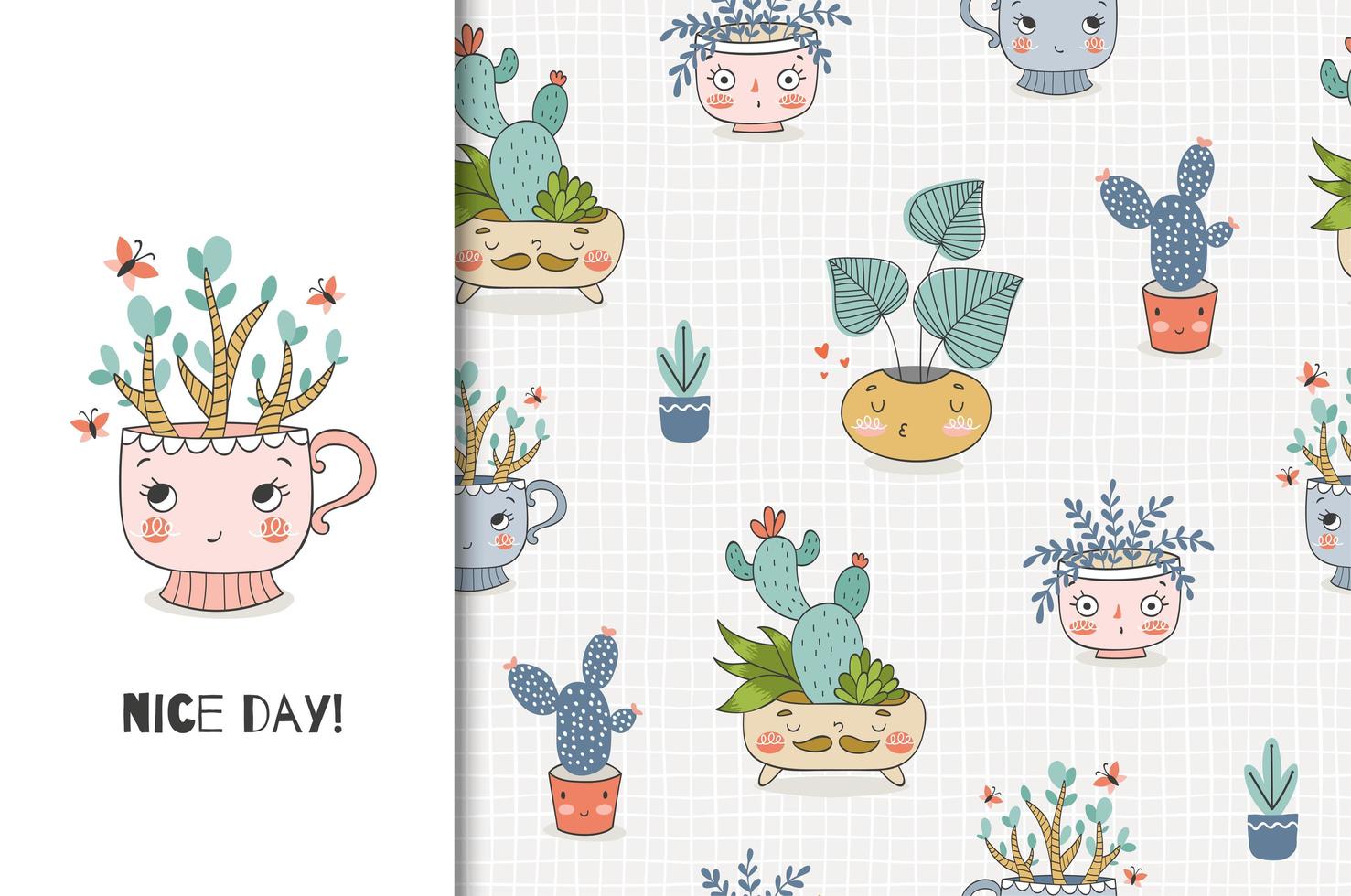 Cute cartoon plants in the pot. Card and seamless background pattern set. vector