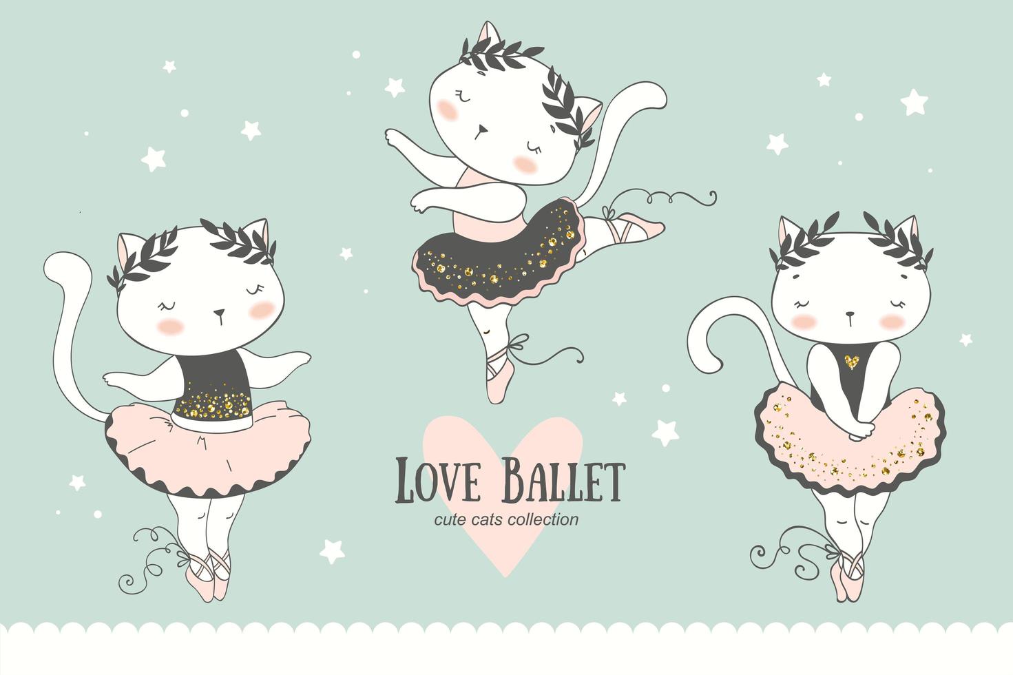 colección linda de la bailarina del gato del bebé de la historieta. pequeños personajes de baile de gatitos. vector