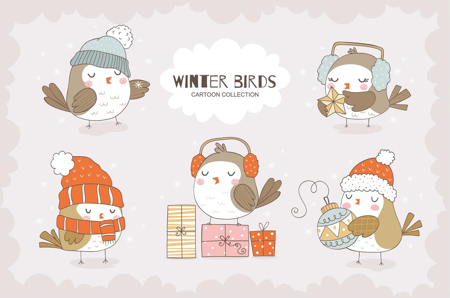 Cute cartoon sparrows character collection. Christmas animal bird icons isolated. vector
