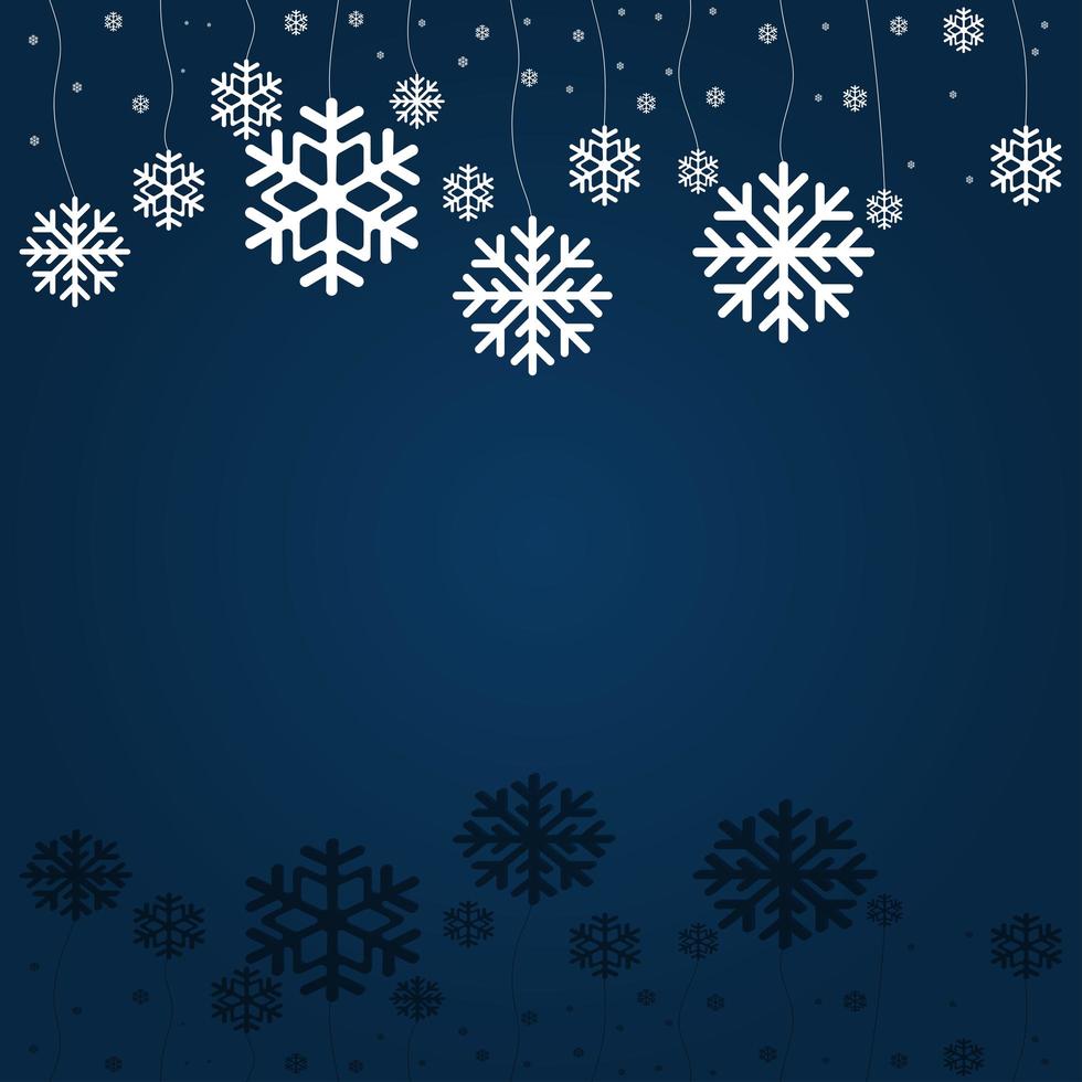 Christmas falling snowflake vector isolated on classic blue background. Snowflake decoration effect. Xmas snow flake pattern. Magic white snowfall texture. Winter snowstorm illustration.