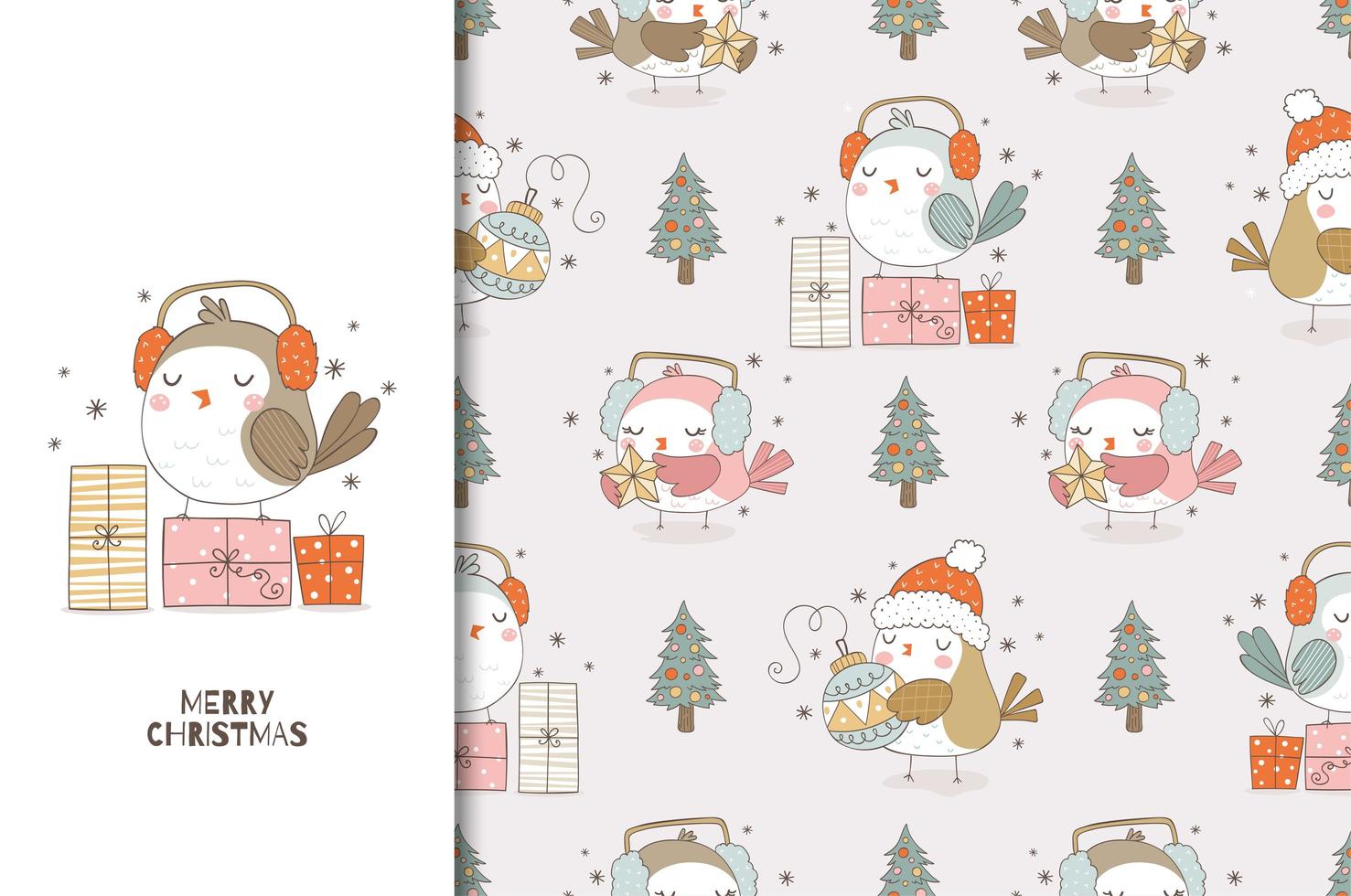 Christmas card and seamless pattern set. Cute cartoon bird with headphones and gifts. vector