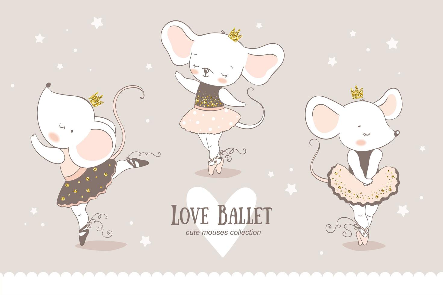 Cute cartoon baby mouse ballerina collection. Little mice princess dancing characters. vector