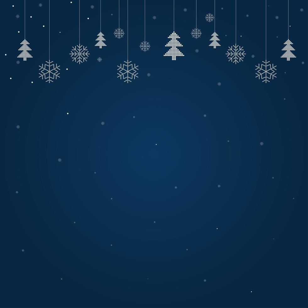 Feliz Navidad y felices fiestas tarjeta de felicitación con copos de nieve y árboles colgantes vector