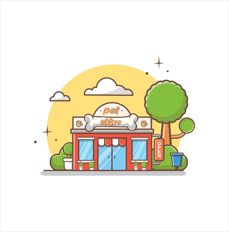 tienda de mascotas y tienda para edificio de cuidado de animales. la fachada del icono de la tienda en la ilustración de diseño de estilo plano vector