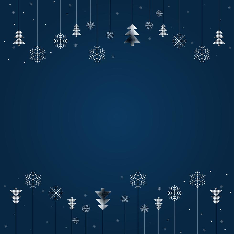 Merry Christmas and Happy Holidays greeting card with hanging snowflakes and trees vector