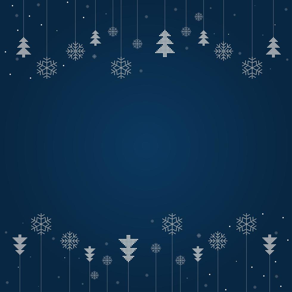 Feliz Navidad y felices fiestas tarjeta de felicitación con copos de nieve y árboles colgantes vector